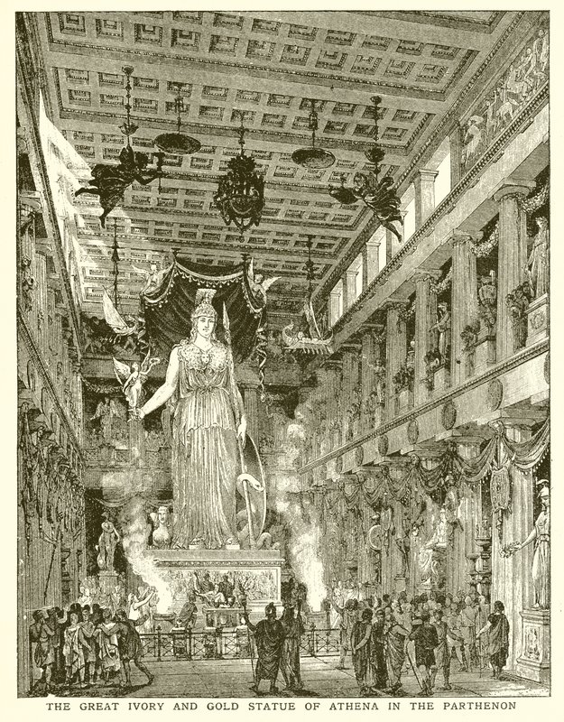 Den stora elfenbens- och guldstatyn av Athena i Parthenon av English School