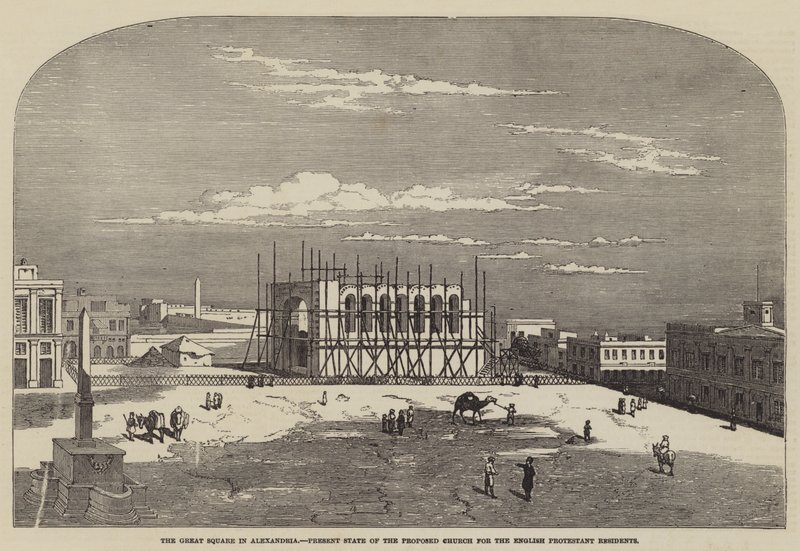 Stora torget i Alexandria, nuvarande tillstånd för den föreslagna kyrkan för de engelska protestantiska invånarna (gravyr) av English School