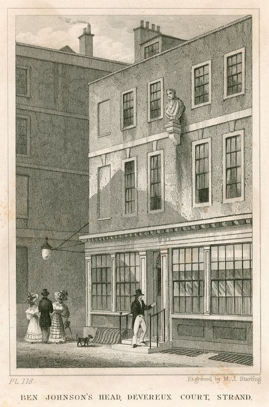 The Grecian Coffee House, Devereux Court, Strand, med en byst av Ben Johnson av English School
