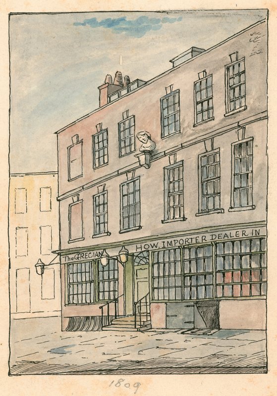 The Grecian Coffee House, Devereux Court, Strand, med en byst av Ben Johnson av English School