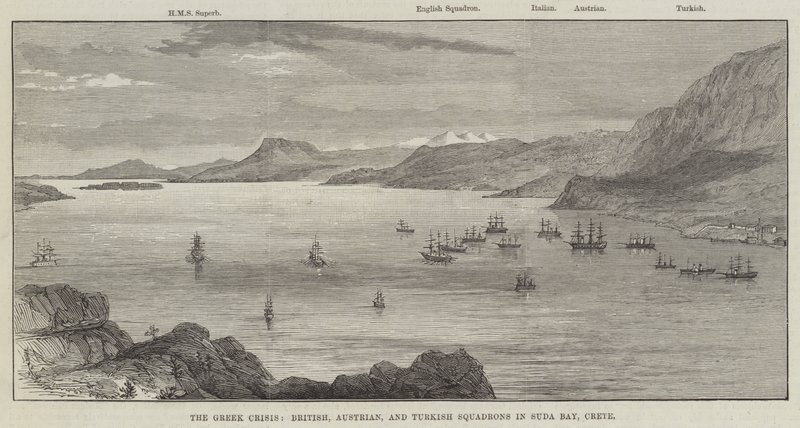 Den grekiska krisen, brittiska, österrikiska och turkiska skvadroner i Suda Bay, Kreta (gravyr) av English School