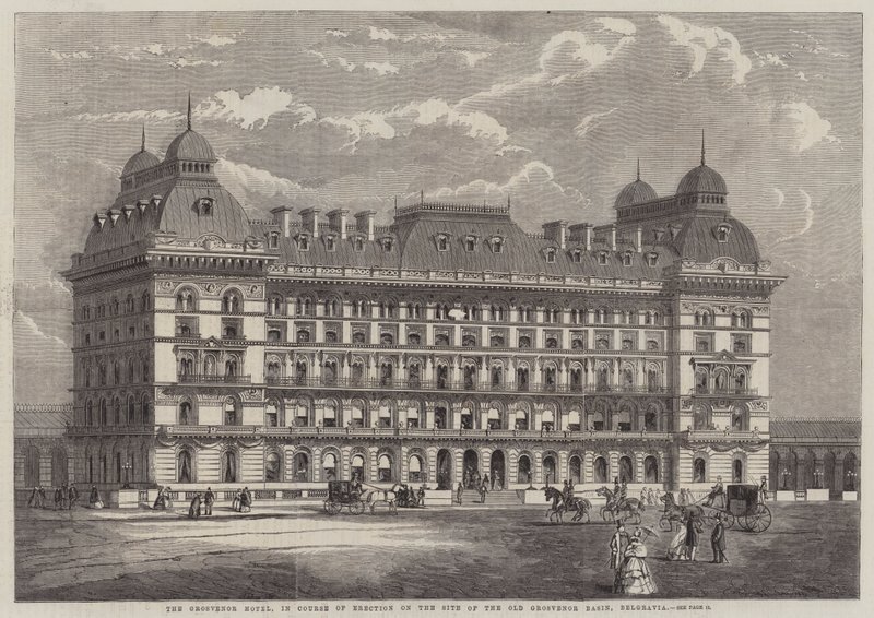 The Grosvenor Hotel, under uppförande på platsen för den gamla Grosvenor Basin, Belgravia (gravyr) av English School