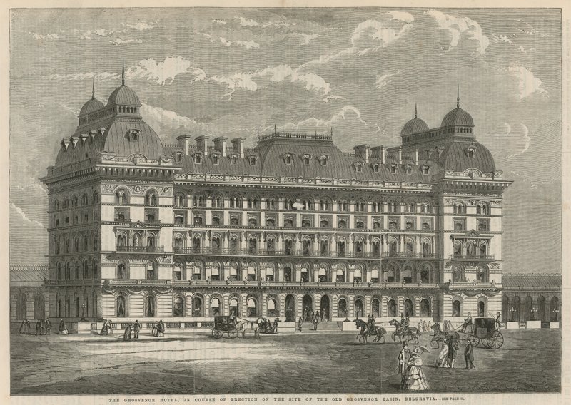 Grosvenor Hotel, under uppförande på platsen för den gamla Grosvenor Basin, Belgravia av English School