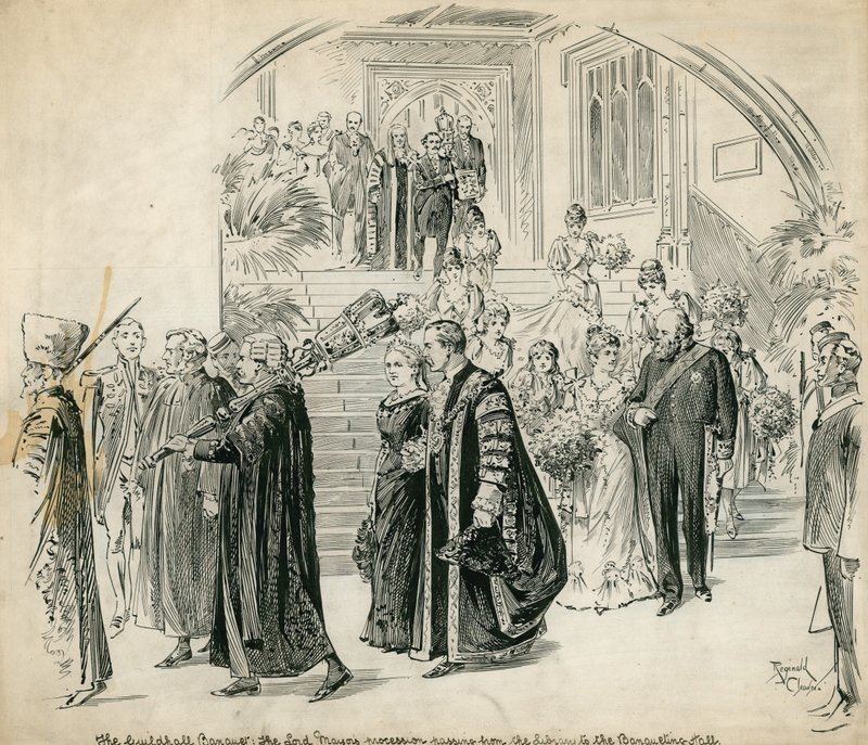 The Guildhall, London, Bankett: Lord Mayors procession som passerar från biblioteket till bankettsalen av English School