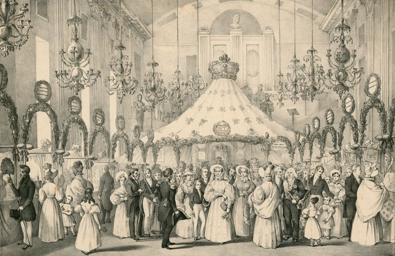 Hanover Square Rooms när drottning Victoria tog den privata utsikten över den snygga mässan till förmån för utlänningar i nöd, som hölls den 19 juni 1833 av English School