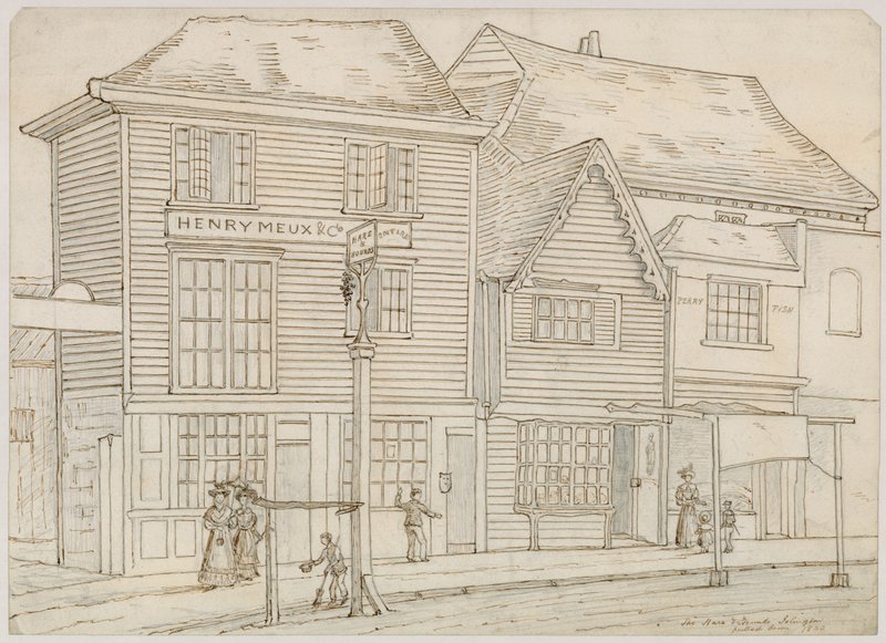The Hare and Hounds, Islington, drog ner 1840 (bläck på papper) av English School