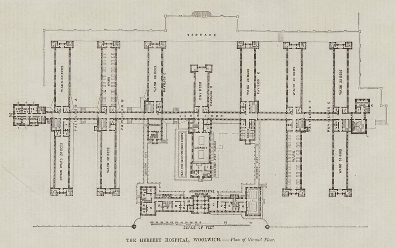 The Herbert Hospital, Woolwich, Plan över bottenvåningen (gravyr) av English School