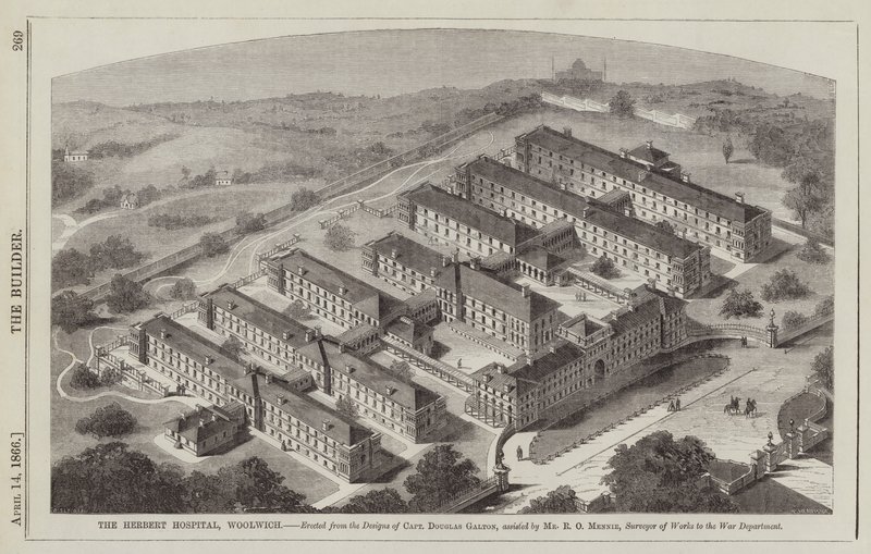 Herbert Hospital, Woolwich, uppfört av kapten Douglas Galtons design, assisterade … (gravyr) av English School