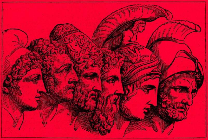 The Heroes of the Trojan War: Paris, Diomedes, Odysseus, Nestor, Achilles, Agamemnon, illustration från The Illustrated History of the World, publicerad ca 1880 (digitalt förbättrad bild) av English School