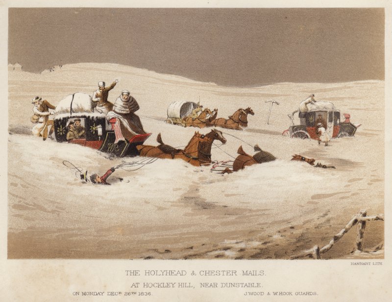 The Holyhead och Chester postar, på Hockley Hill, nära Dunstable (färg litho) av English School