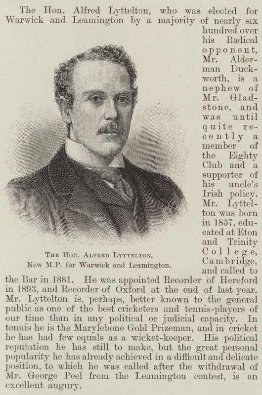 Den ärade Alfred Lyttelton, ny MP för Warwick och Leamington (gravyr) av English School