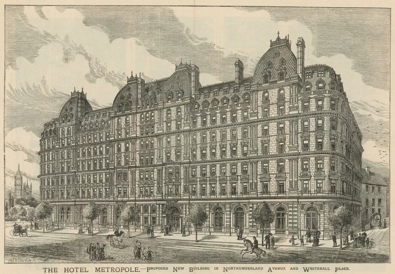 Hotel Metropole, föreslog ny byggnad på Northumberland Avenue och Whitehall Place av English School