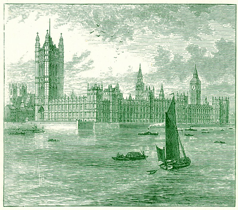 The Houses of Parliament och Westminster Abbey, illustration från The World as it Is av George Chisolm, publicerad 1885 (digitalt förbättrad bild) av English School