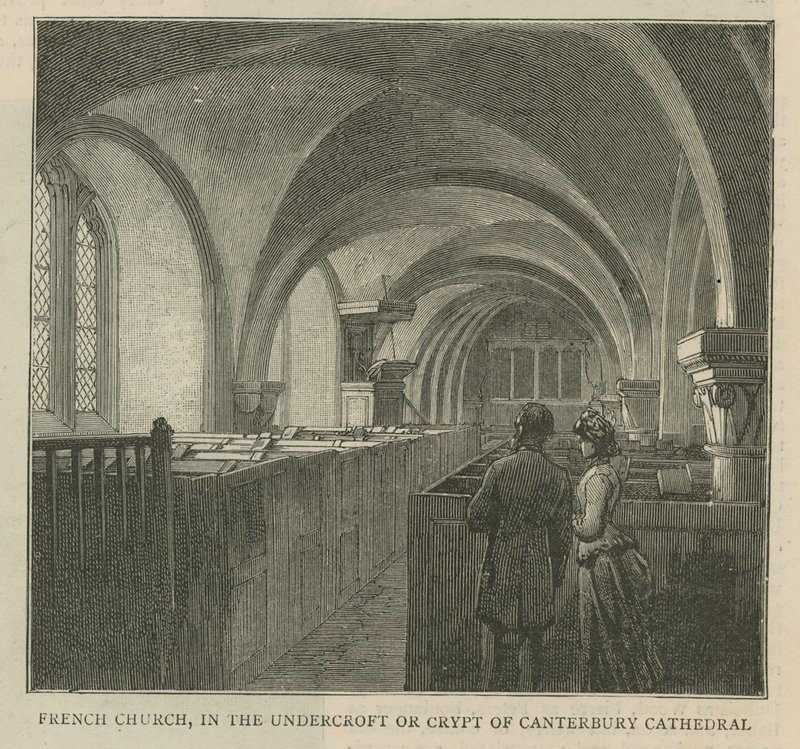 Hugenotterna i England: Fransk kyrka i underkroken eller kryptan i Canterbury Cathedral av English School