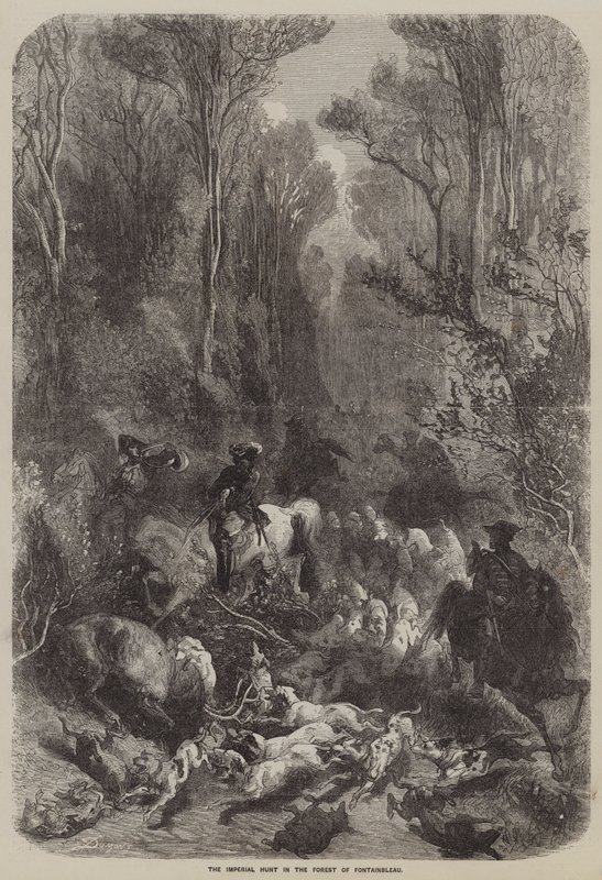 Den kejserliga jakten i skogen Fontainebleau (gravyr) av English School
