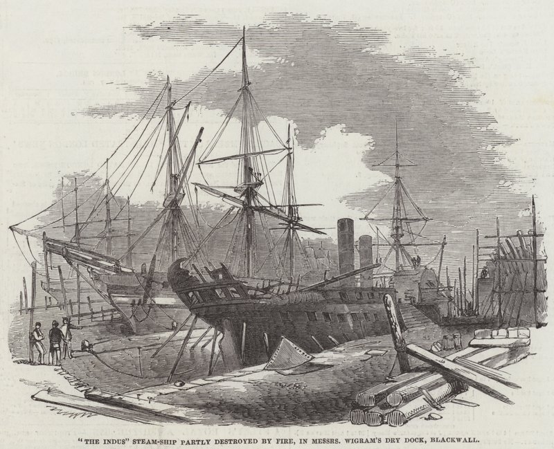 "The Indus" Steam-Ship delvis förstört av eld, i Messers Wigrams torrdocka, Blackwall (gravyr) av English School