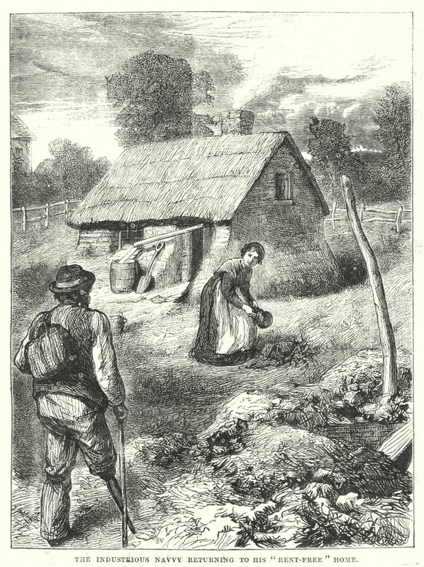 Den flitige Navvy återvänder till sitt "hyresfria" hem (gravyr) av English School
