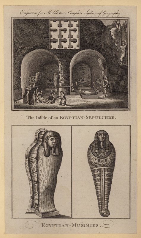 Insidan av en egyptisk-grav, egyptisk-mumier (gravyr) av English School