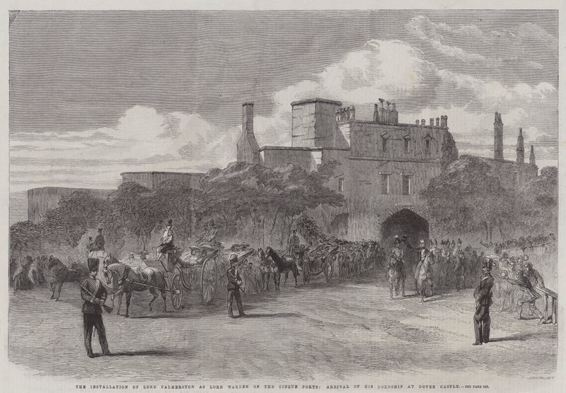 Installationen av Lord Palmerston som Lord Warden of the Cinque Ports, His Lordships ankomst till Dover Castle (gravyr) av English School