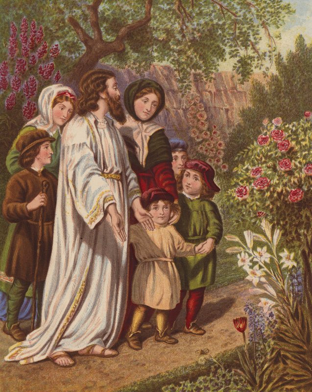 Tolken och pilgrimerna i trädgården (färglitografi) av English School