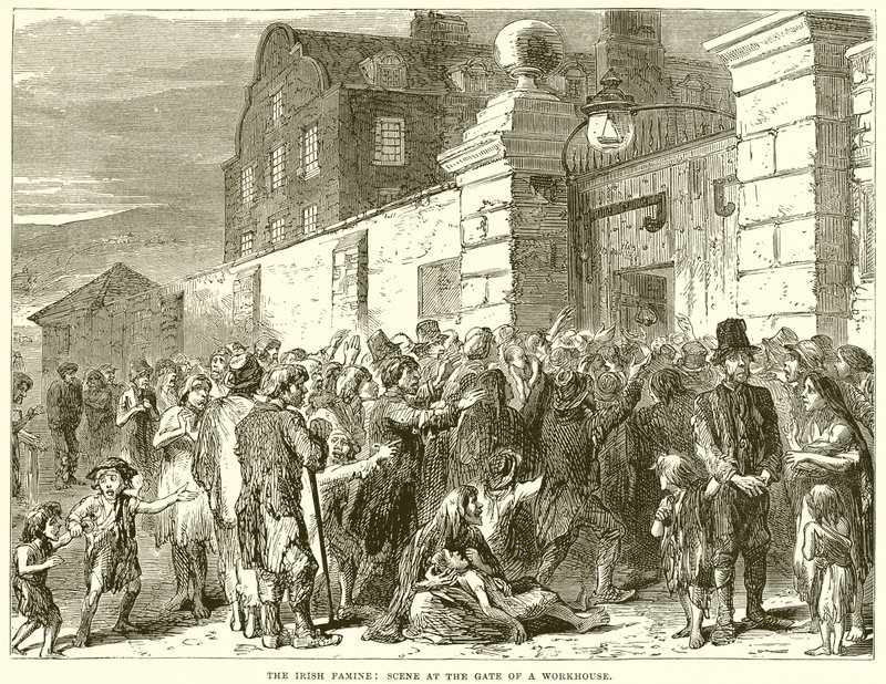 The Irish Famine: Scen vid porten till ett arbetshus av English School