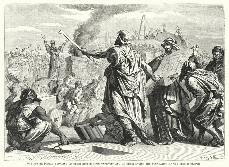 Det judiska folket gläds över sin återkomst från fångenskapen och över att de lade grunden till det andra templet (gravyr) av English School