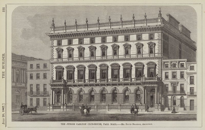 The Junior Carlton Club-House, Pall Mall, Mr David Brandon, arkitekt (gravyr) av English School