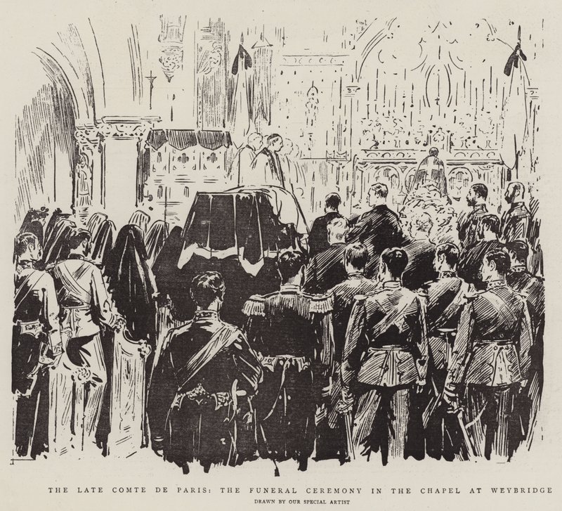Late Comte de Paris, begravningsceremonin i kapellet i Weybridge (litho) av English School
