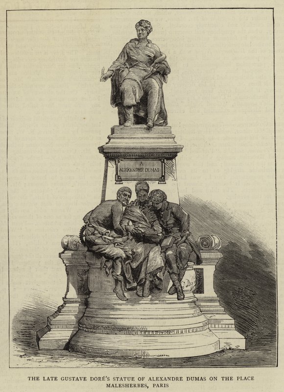 Den sene Gustave Dores staty av Alexandre Dumas på Place Malesherbes, Paris (gravyr) av English School