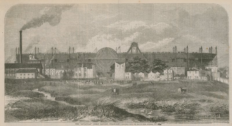 Ångfartyget Leviathan (Great Eastern), skissat från Isle of Dogs, oktober 1857 av English School