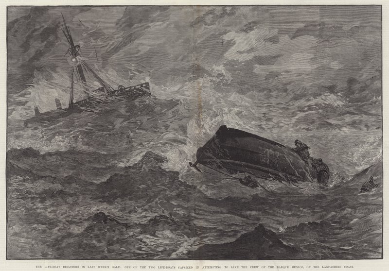 Livbåtskatastroferna i förra veckans storm, en av de två livbåtarna kapsejsade i ett försök att rädda besättningen på Barque Mexico, på Lancashire Coast (gravyr) av English School