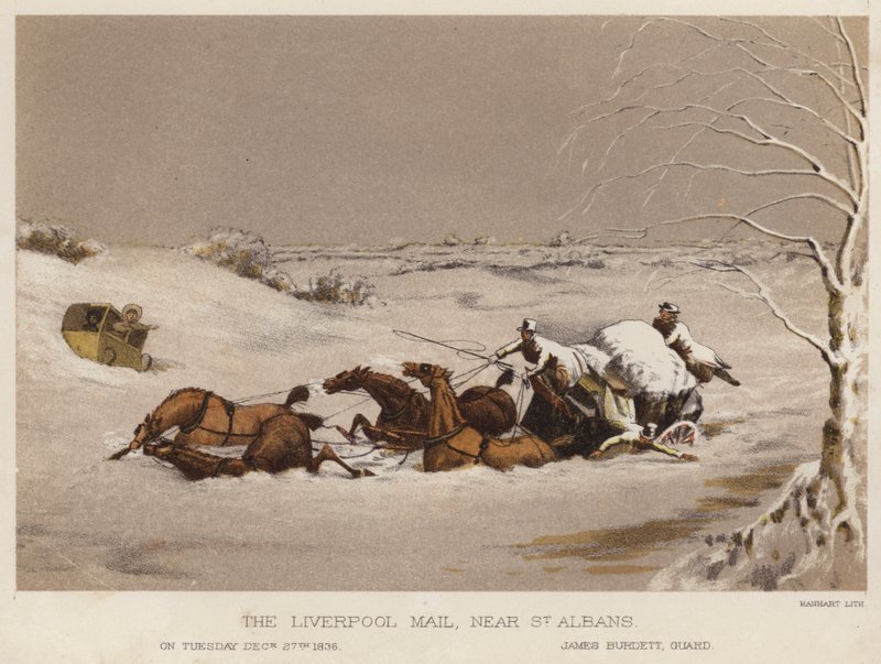 The Liverpool Mail, nära St Albans (färg litho) av English School