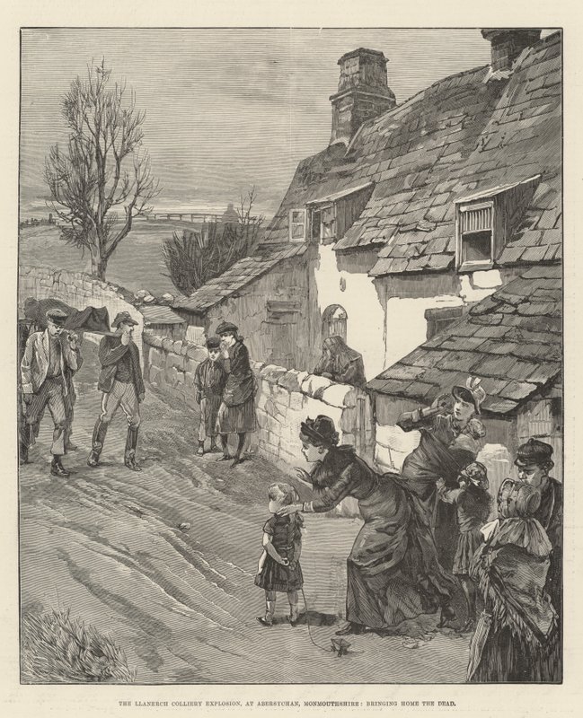 Llanerch Colliery Explosion, i Abersychan, Monmouthshire, som tar hem de döda (gravyr) av English School