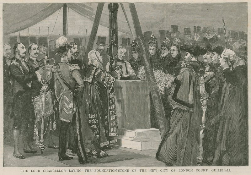 Lord Chancellor lägger grundstenen till den nya City of London Court, Guildhall av English School