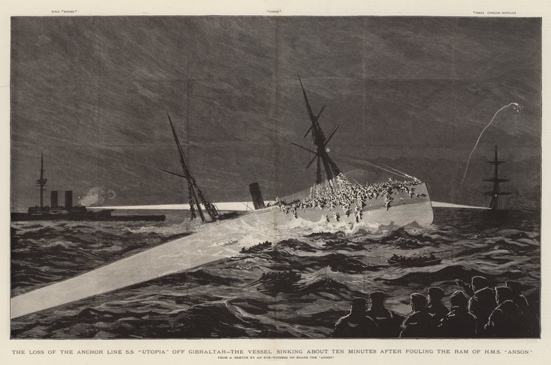 Förlusten av ankarlinjen SS "Utopia" utanför Gibraltar, fartyget sjunker cirka tio minuter efter att ha förorenat Ramen på HMS "Anson" (gravyr) av English School