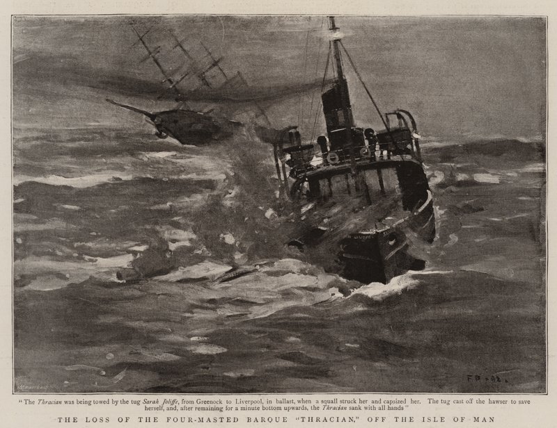 Förlusten av den fyrmastade barken "Thracian", utanför Isle of Man (litho) av English School