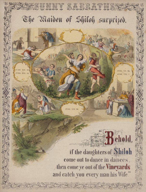 Jungfrun av Shiloh överraskade (färgad gravyr) av English School