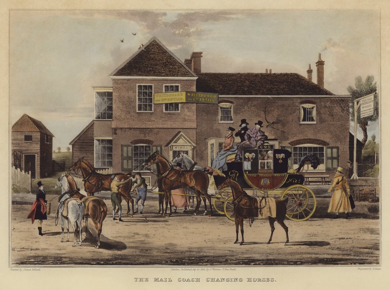The Mail Coach Changing Horses (färgad gravyr) av English School