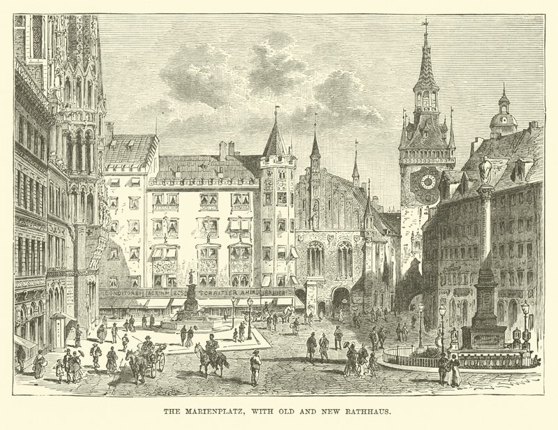 Marienplatz, med gamla och nya Rathaus av English School