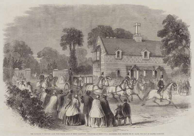 Prinsessan Alices äktenskap med prins Louis av Hessen Darmstadt, deras kungliga högheters avgång från Osborne till St Clare, överste Harcourts säte (gravyr) av English School
