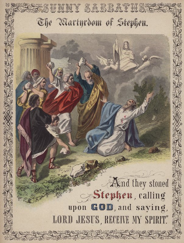 Stefans martyrskap (färgad gravyr) av English School