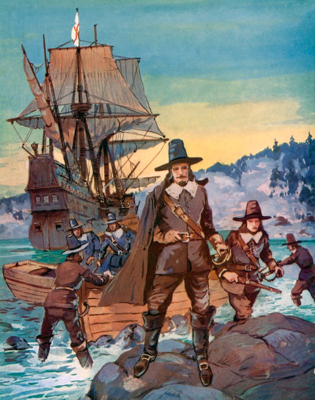 Majblomman och pilgrimsfäderna (färg litho) av English School