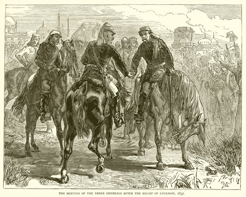 Mötet för de tre generalerna efter hjälpen av Lucknow, 1857 av English School
