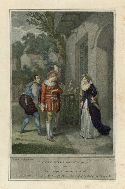 The Merry Wives of Windsor, Akt I, scen 1 (färgad gravyr) av English School