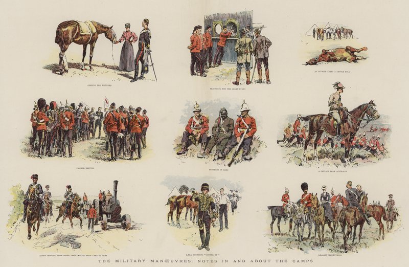 De militära manövrarna, anteckningar i och om lägren (chromolitho) av English School