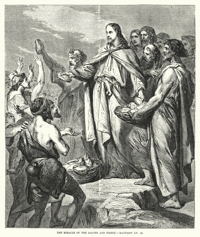 Brödernas och fiskarnas mirakel, Matteus XV, 36 (gravyr) av English School
