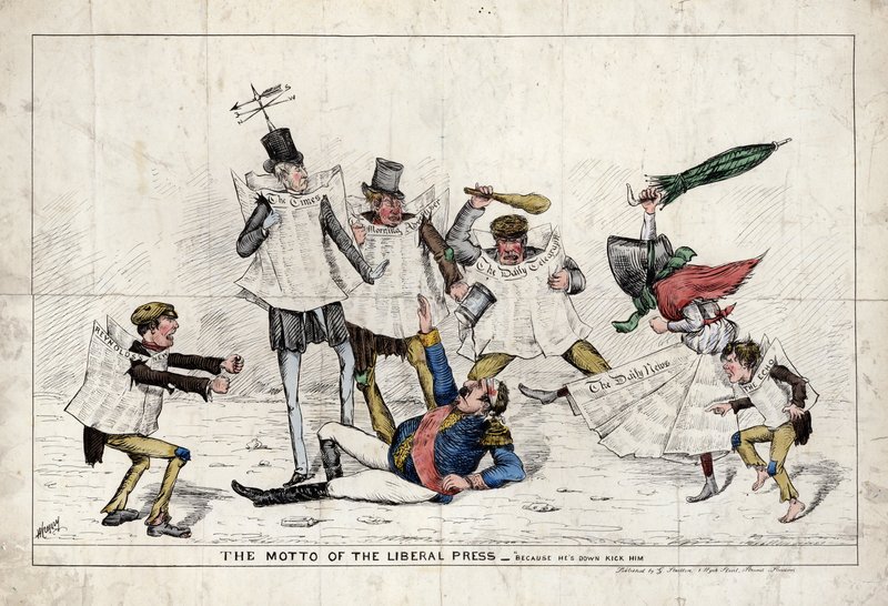 Mottot för den liberala pressen, som visar att Napoleon III angrips av den brittiska pressen av English School