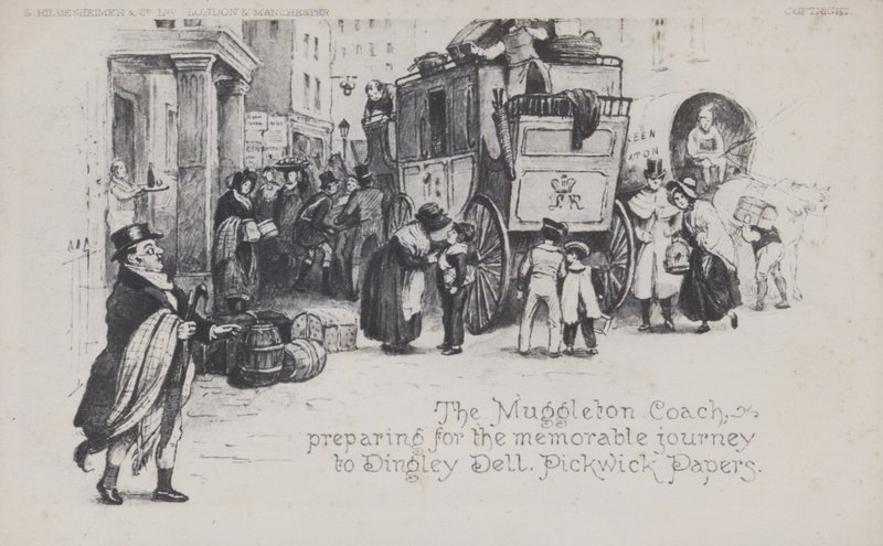 The Muggleton Coach, förbereder sig för den minnesvärda resan till Dingley Dell, Pickwick Papers (s/v foto) av English School