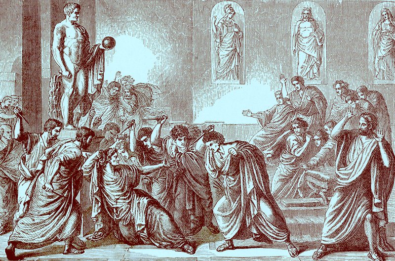 Mordet på Julius Caesar, illustration från The Illustrated History of the World, publicerad ca 1880 (digitalt förbättrad bild) av English School