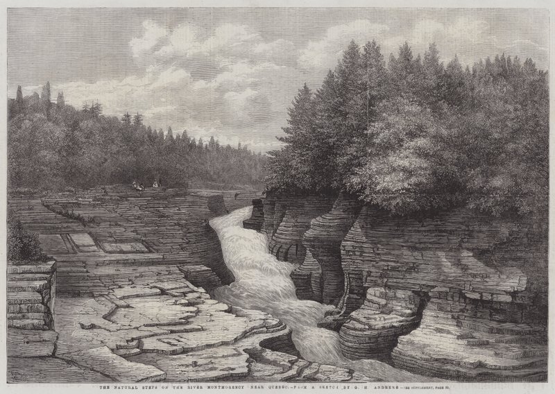 De naturliga stegen vid floden Montmorency, nära Quebec (gravyr) av English School